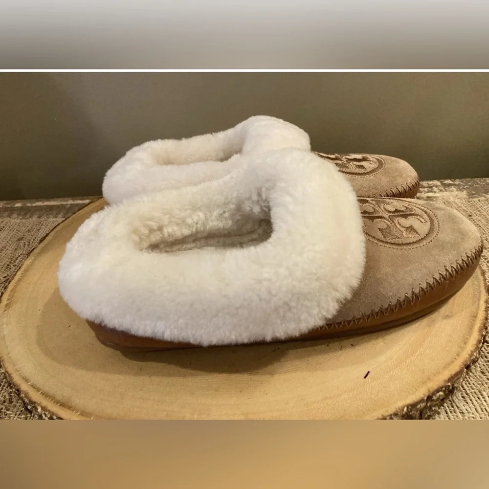 Tory Burch Coley Slipper 2‎ Royal Tan/ Natural Size W US 6 Fur lined New